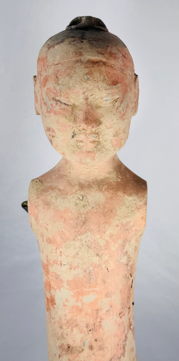 Pair of slender Han Dynasty terracotta attendants created as burial mingqi