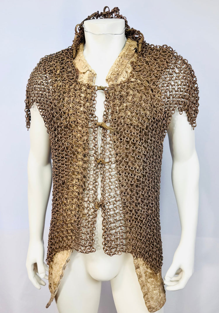 Historic Philippine mail vest with interlinked bronze rings and leather ties