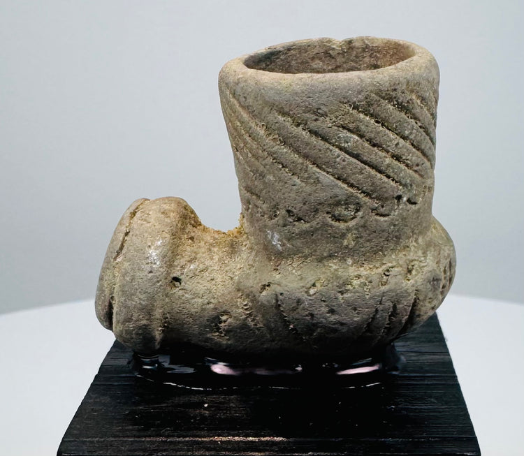 Pre-Columbian stone tobacco pipe with grey-green and brown archaeological patina