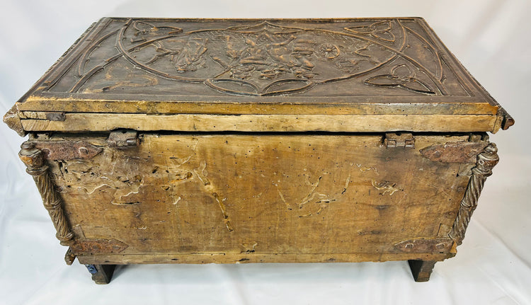 Northern Italian Renaissance hardwood chest with richly sculpted front and side panels and original iron fittings