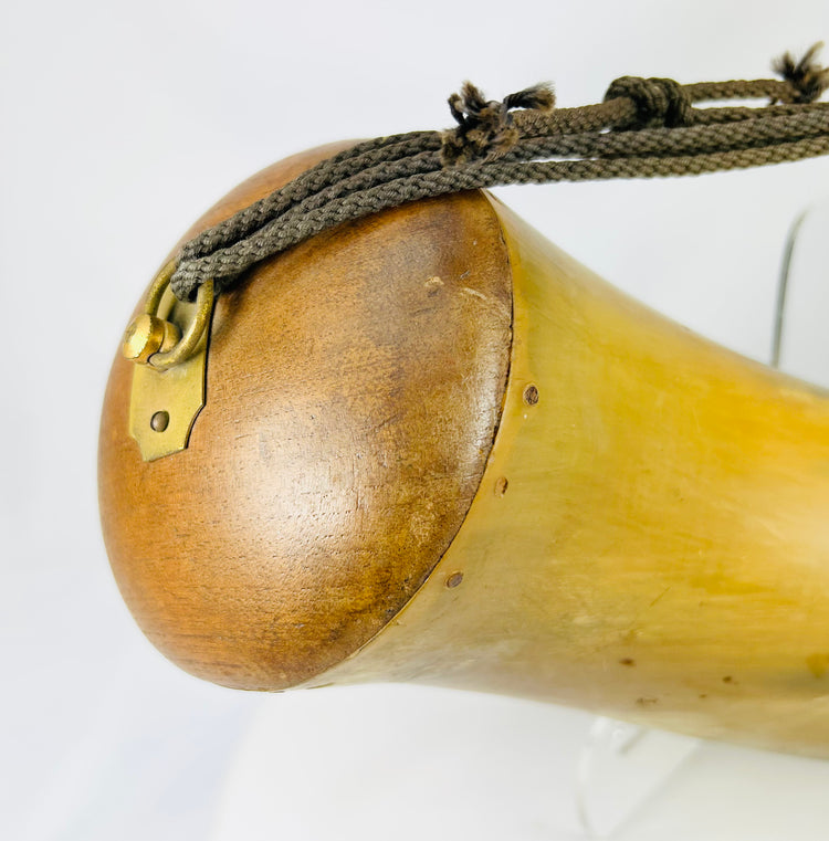 Rare historic powder horn with wooden spout section and aged patina from the flintlock era