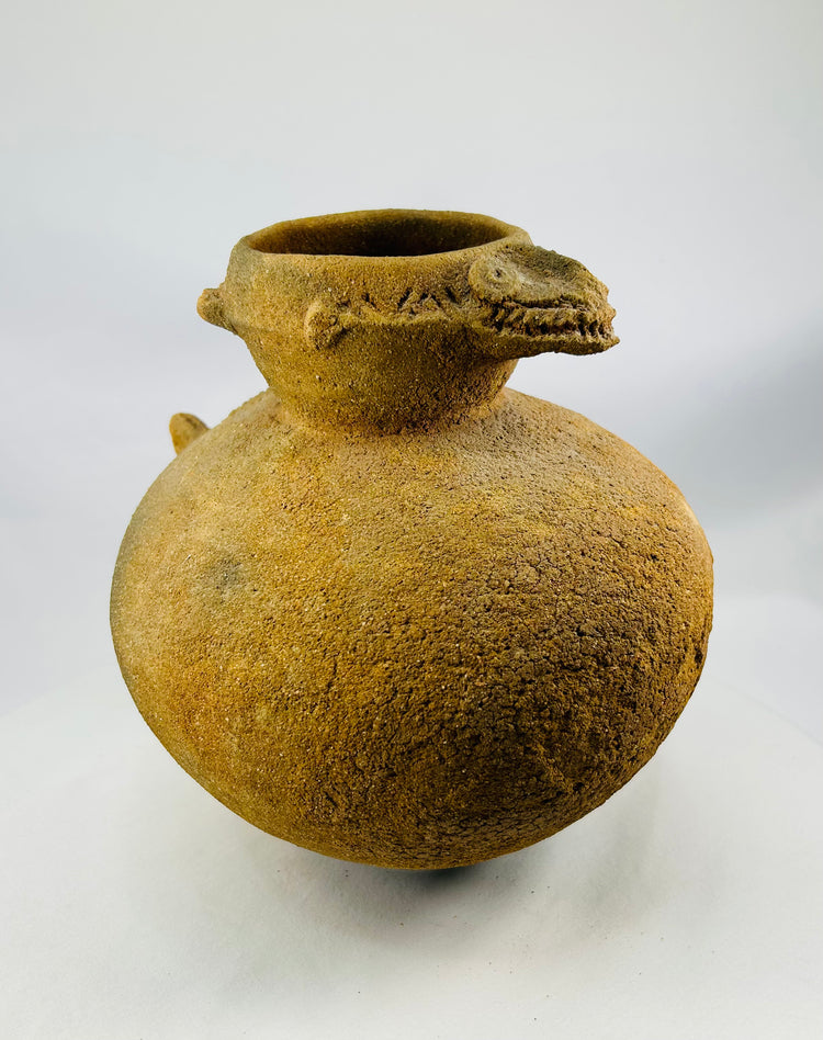 Inland Niger Delta terracotta ceremonial pot with reptile head decoration