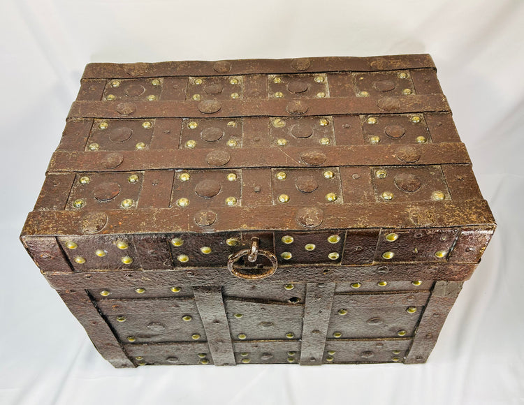 1840-dated Iberian strongbox in Renaissance style with heavy iron construction, brass studs, and robust security design