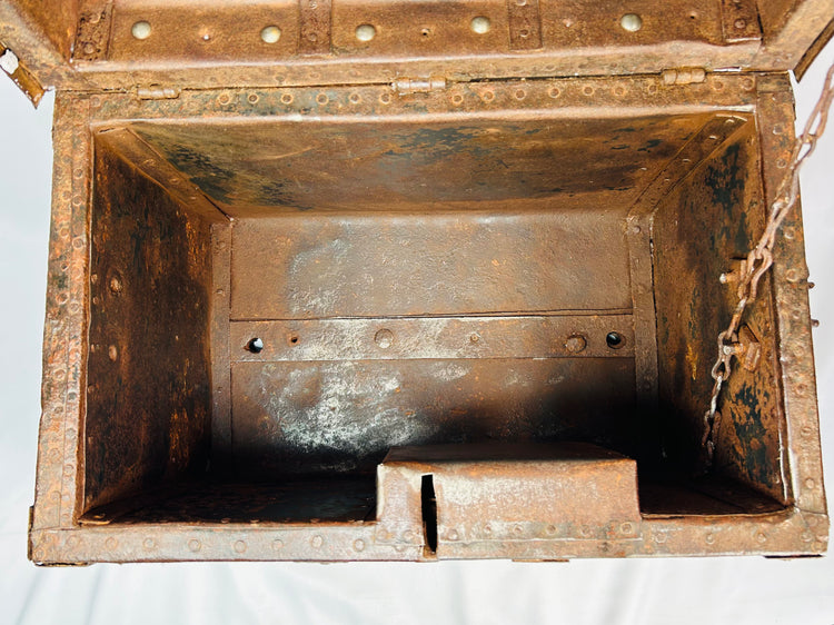 Historic Iberian merchant or banking strong chest with brass inscription plaque, riveted iron plates, and interior till compartment