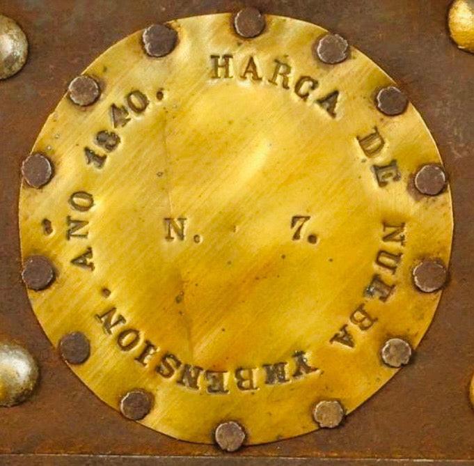 Rare Iberian strongbox with decorative ironwork, brass fittings, original working elements, and centuries-old character