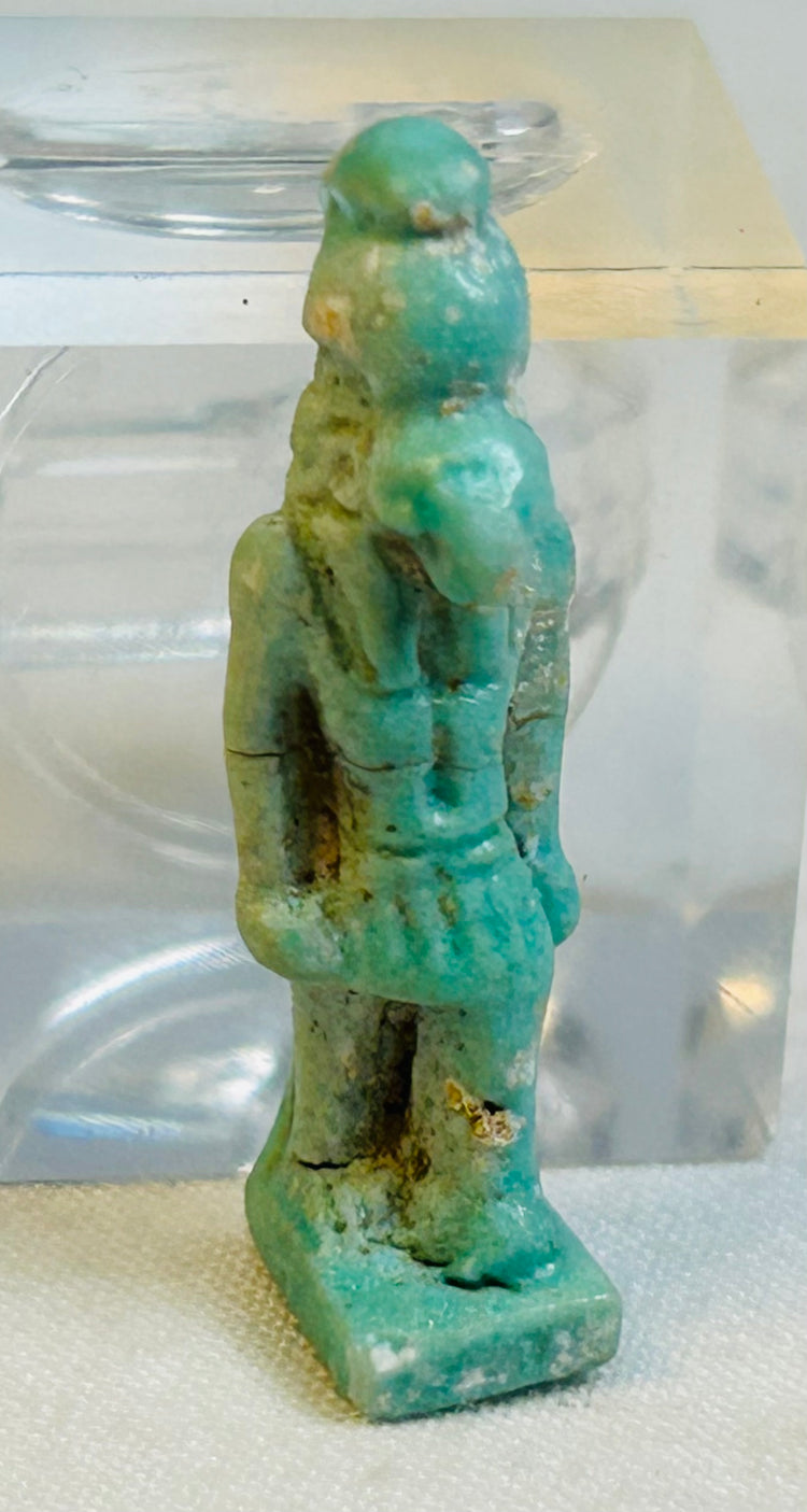 Authentic Late Period Egyptian Horus falcon-headed deity amulet in turquoise faience