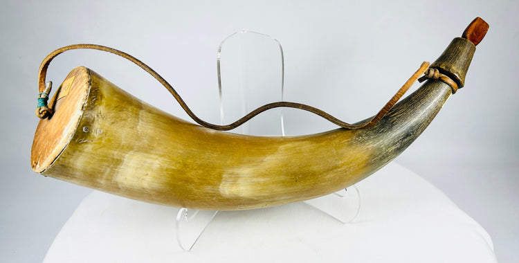 Authentic 1800s frontier powder horn with original wooden stopper and museum collection label attached