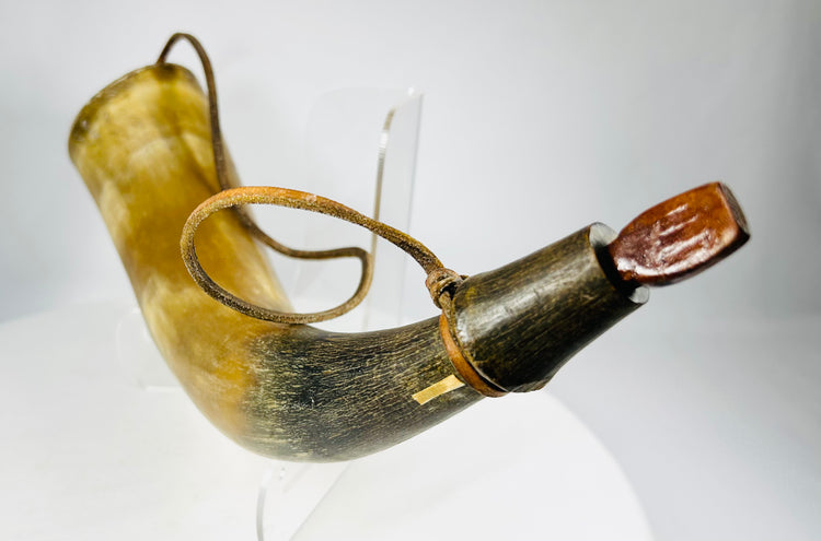 Original 1800s powder horn with hand-fitted base plug, natural coloration, and old collection tag