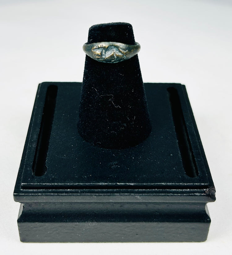 Authentic Roman Empire bronze ring featuring rodent design in relief with aged surface wear