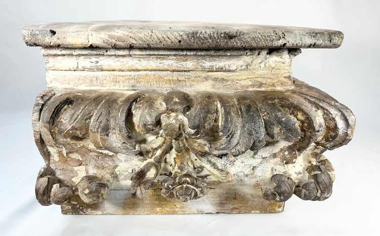 Hand-carved antique wood architectural ornament with deep relief carving and distressed finish