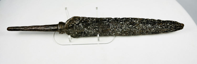 Close-up of 1700s European spearhead highlighting forged iron construction
