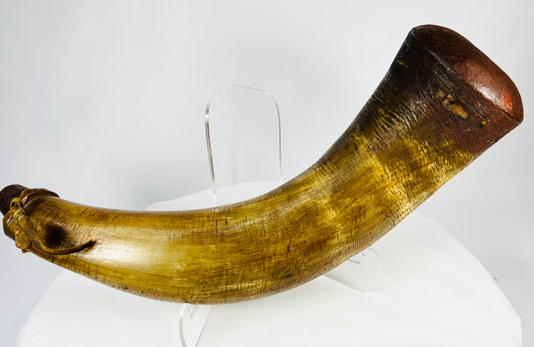 Early 18th century powder horn crafted from natural animal horn
