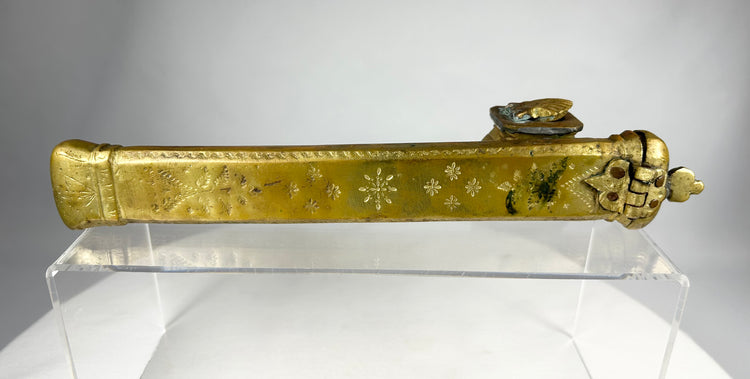 Close-up of engraved Ottoman bronze divit writing case with aged patina