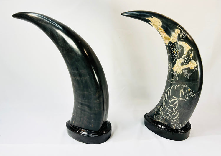 East Asian horn sculptures, 1960–1980, gold-painted dragons and tigers, mirrored composition on lacquered stands