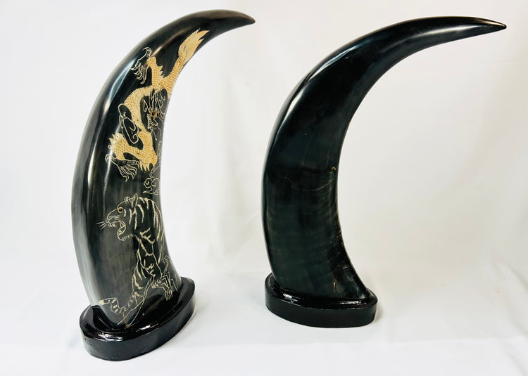 Vintage East Asian water buffalo horn art, celestial dragon and tiger motifs etched and painted in gold
