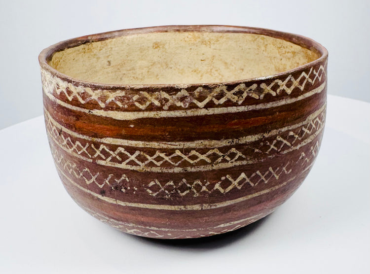 Red-brown pottery bowl with cream lattice patterns arranged in horizontal bands.