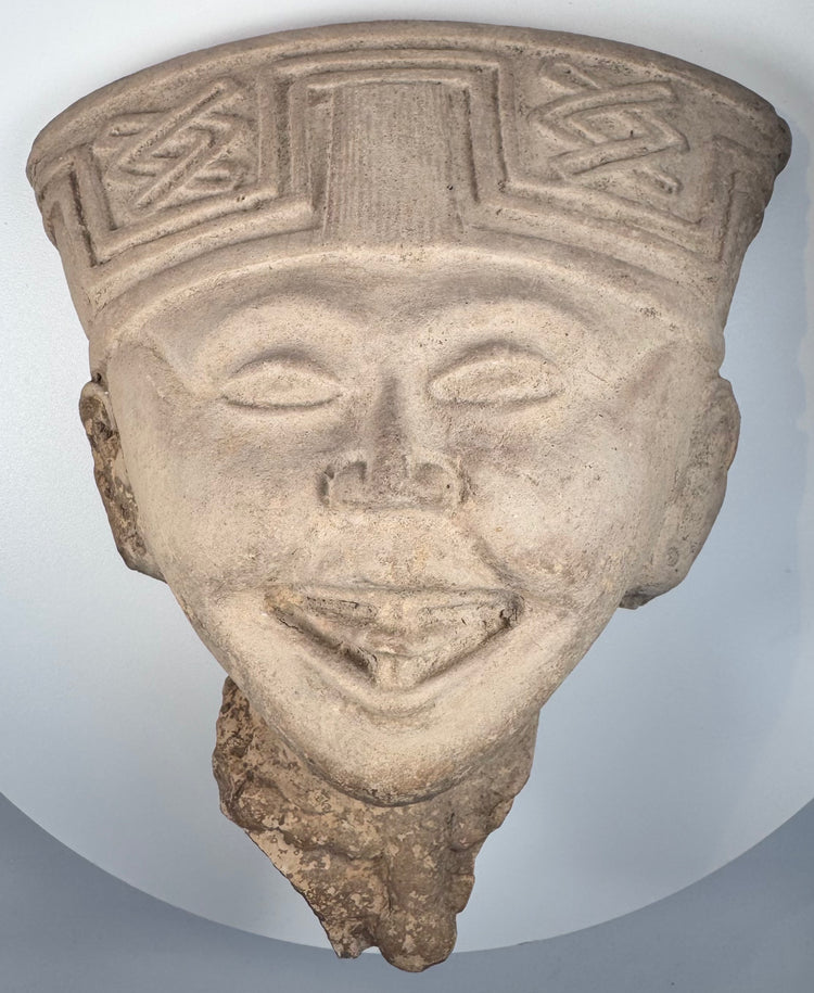 Ancient Veracruz Sonriente ceramic head with open mouth, modeled nose and expressive features