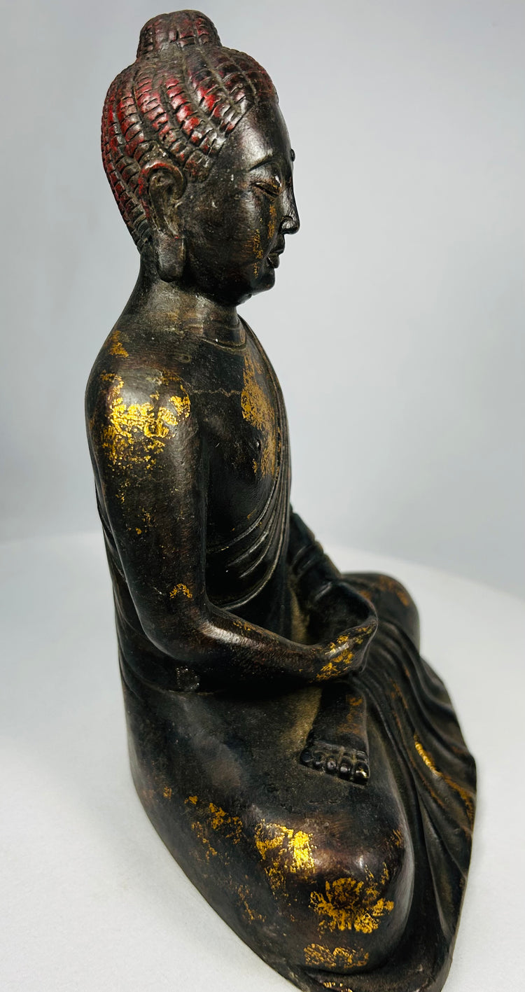 Ming dynasty style bronze Buddha with red pigment remaining in hair curls