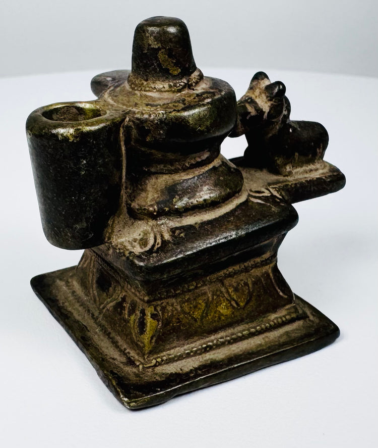 19th century Indian miniature brass devotional shrine with Shiva Lingam and sacred Nandi bull.
