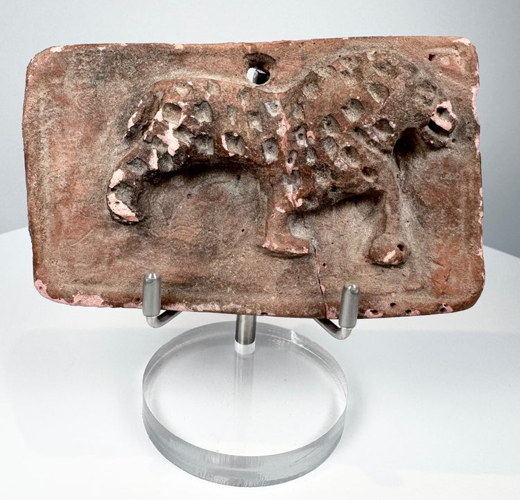 Early Historic Indian terracotta feline plaque with curled tail, suspension hole, and aged reddish surface.