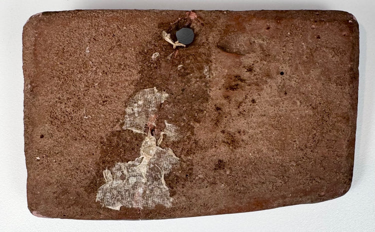 Early Historic Indian terracotta feline plaque with flat reverse, suspension hole, and remnants of an old collection label.