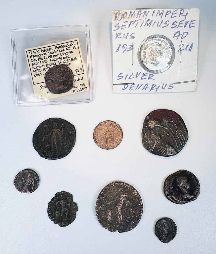 Ten ancient and medieval coins displayed with the Septimius Severus and Ferdinando I identification holders.