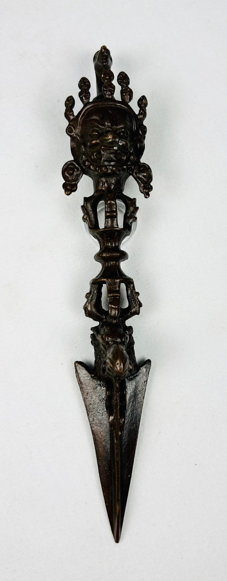 Bronze phurba ritual dagger with double vajra shrine implement