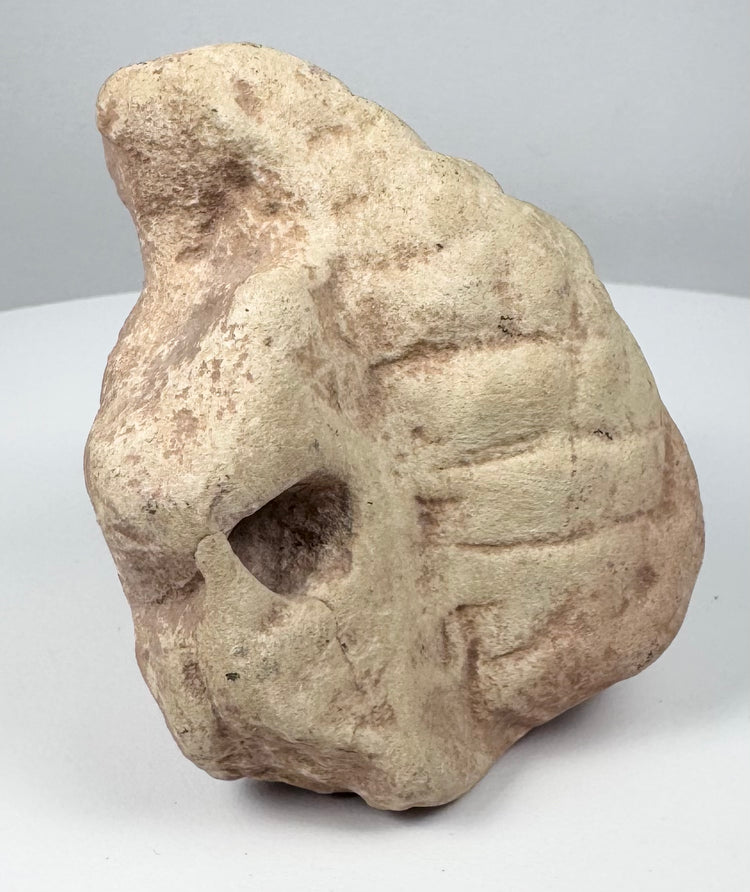 Ancient Taíno three-pointer in pale stone with abstract ritual imagery and extensive surface weathering.