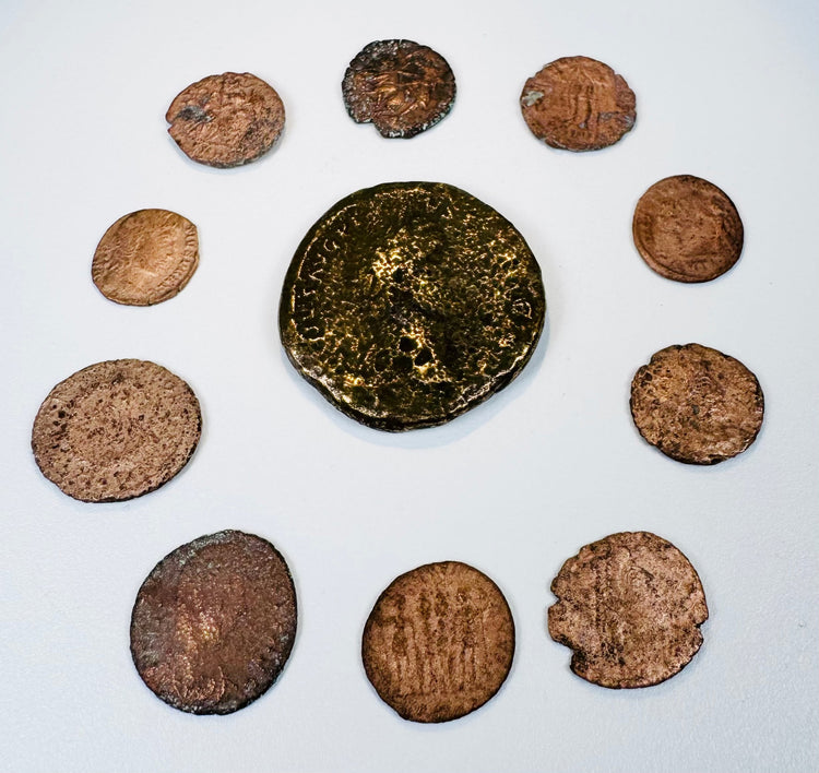 Group of 10 ancient Roman bronze coins from the 3rd–4th century CE with brown, reddish, dark bronze, and green surface patina.