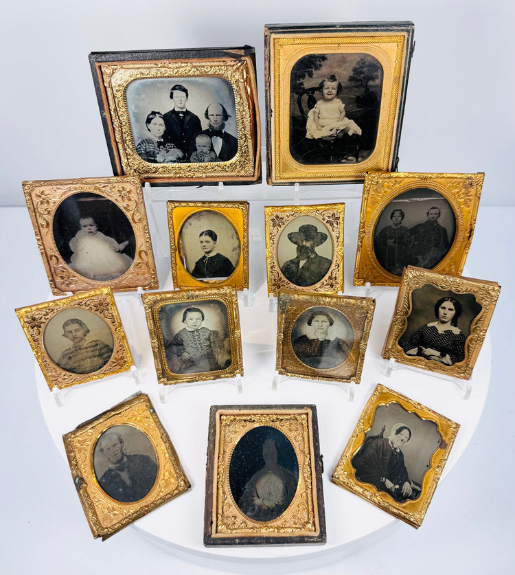 Victorian-era cased portrait photograph collection featuring men, women, children, and family groups