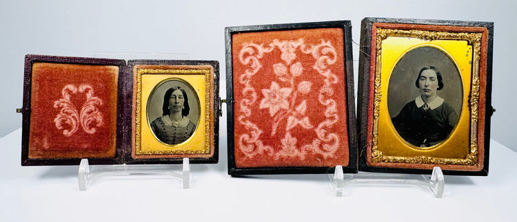 Antique cased mother and daughter portraits with gilt-brass oval mats and rose-colored velvet interiors
