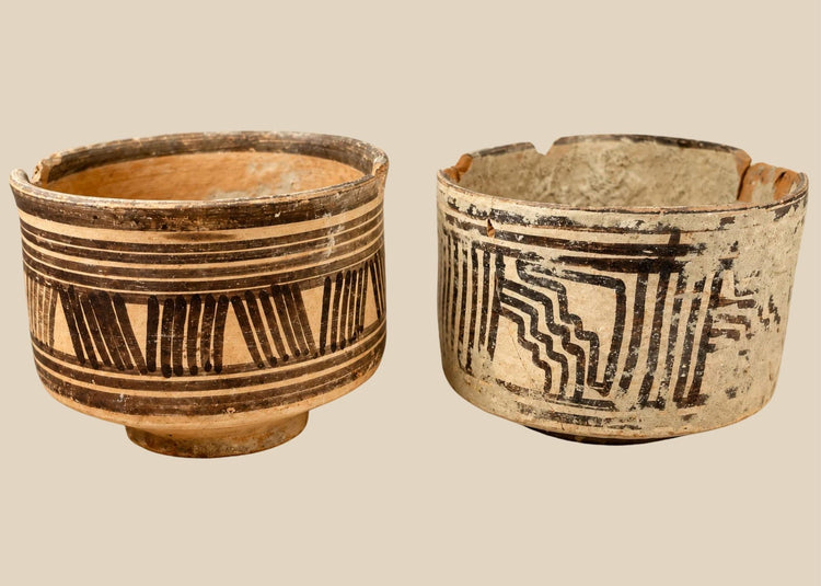 Pair of ancient Indus Valley terracotta vessels with black geometric slip-painted decorations