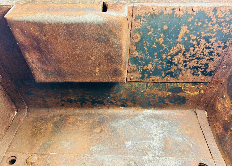 Spanish or Portuguese 19th-century iron strongbox inspired by 16th–17th century designs, with interior green paint remnants