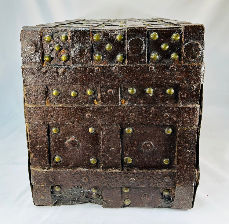 Renaissance-style iron strongbox with brass inscription plaque, raised front compartment, and historic European craftsmanship