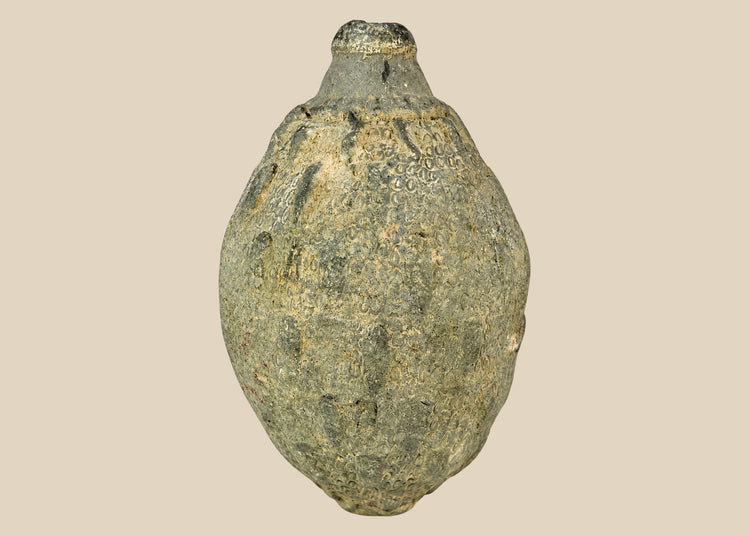 Medieval Islamic ceramic hand grenade from Greater Persia, 10th–12th century CE, bulbous body with narrow neck and textured surface, used for incendiary purposes