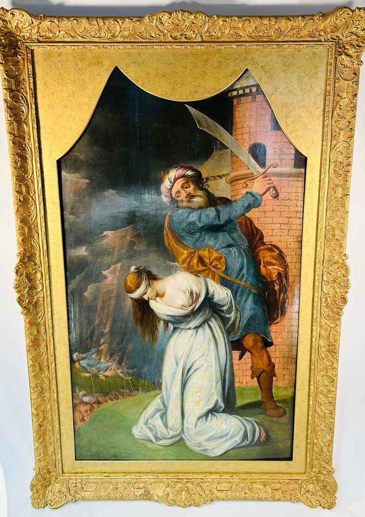 Antique religious oil on panel showing St. Catherine’s martyrdom with dramatic composition