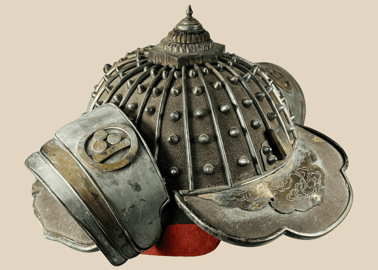 Japanese Kaji Kabuto firefighting helmet with iron ribs and ornate finial