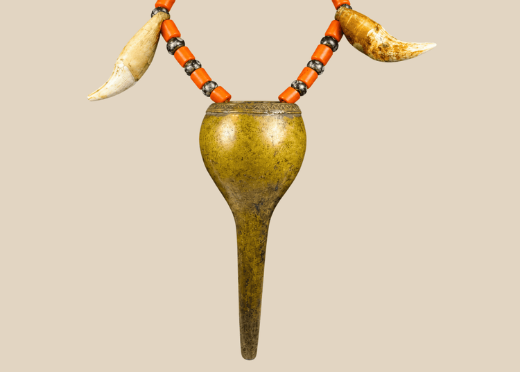 Antique Konyak Naga warrior prestige necklace with brass pendant, glass trade beads and animal teeth