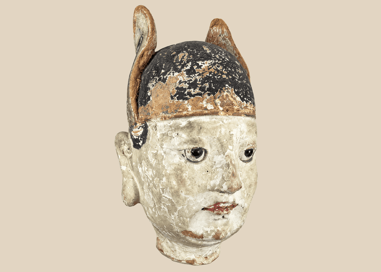 Chinese painted terracotta bust of a court official with traditional ceremonial hat.