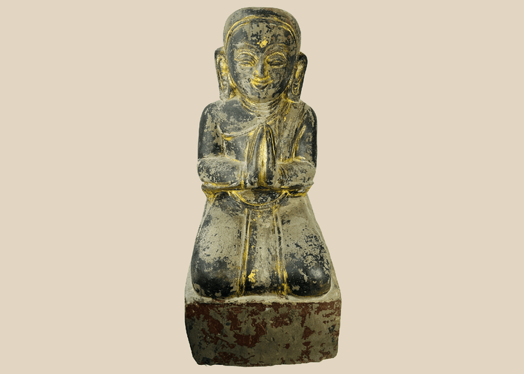 Burmese carved wood sculpture of a kneeling Buddhist devotee with hands in prayer, Mandalay period.
