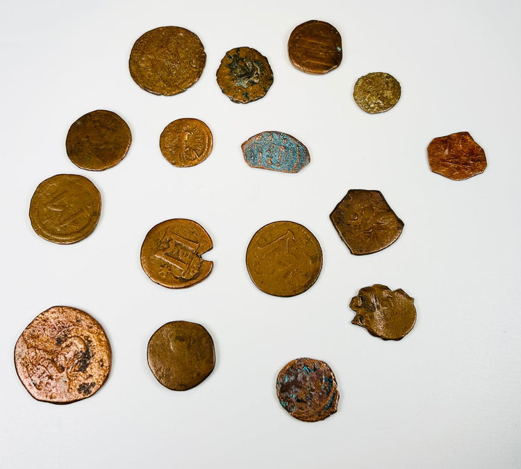 Assorted Roman Byzantine bronze coins with mineral encrustation and historic wear