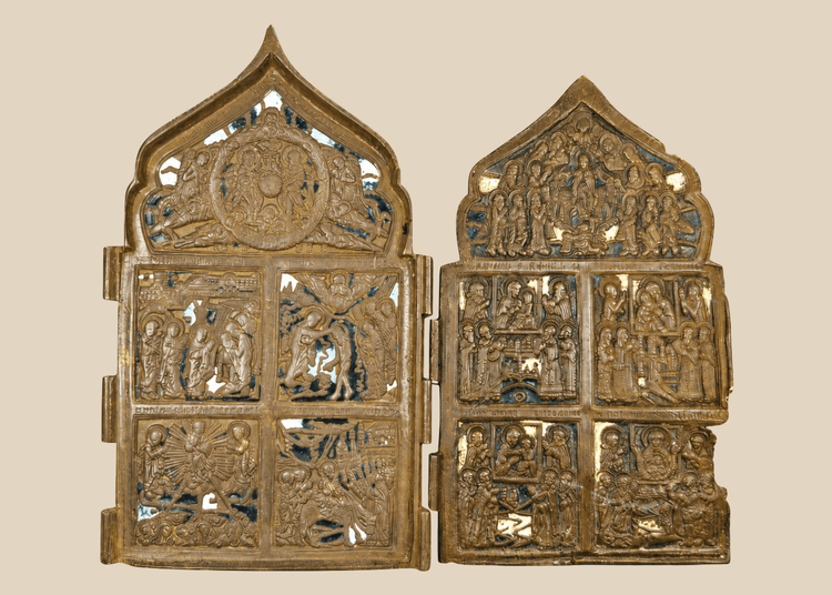 Antique Russian Orthodox bronze traveling icons with cathedral-arched tops, 18th–19th century