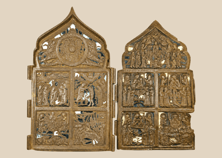Antique Russian Orthodox bronze traveling icons with cathedral-arched tops, 18th–19th century