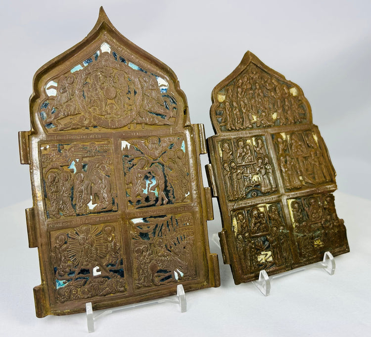 Russian bronze devotional icons featuring saints and apostles in high relief