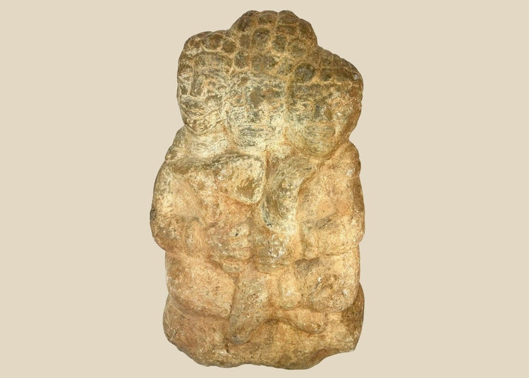 Majapahit three-faced Brahma stone sculpture, 14th–15th century Java, volcanic andesite carving from Indonesia, Hindu temple art with museum provenance