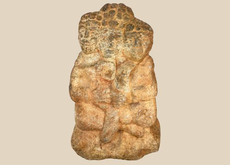 Majapahit three-faced Brahma stone sculpture, 14th–15th century Java, volcanic andesite carving from Indonesia, Hindu temple art with museum provenance