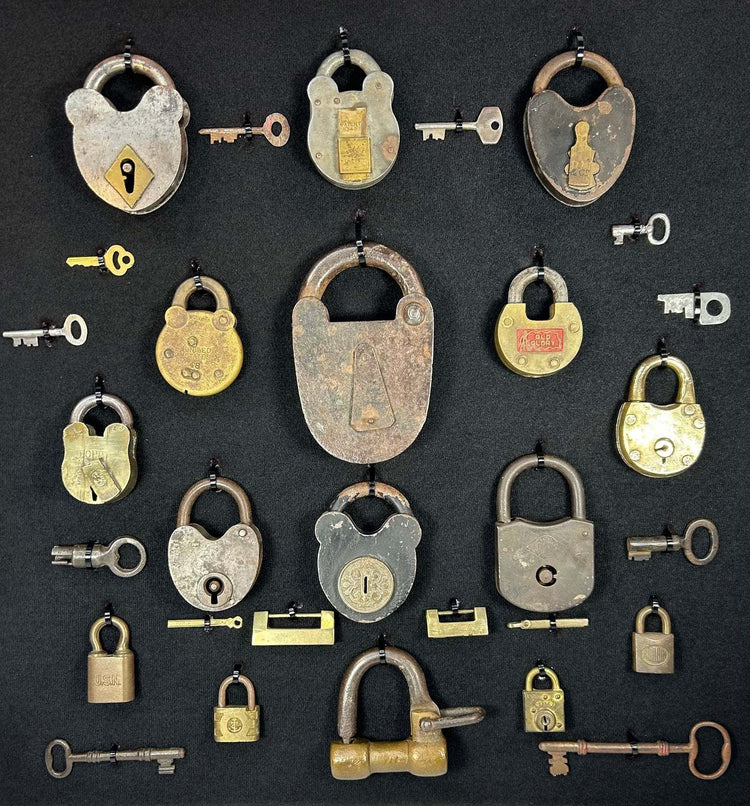Framed antique locks and keys collection with shadow box industrial display