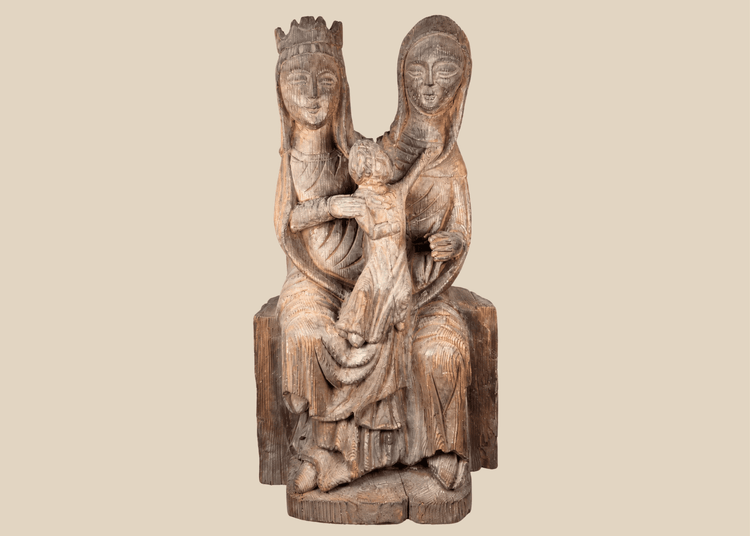 Hand-carved European wooden sculpture depicting the Virgin Mary, Saint Anne, and the Christ Child in Gothic Revival style