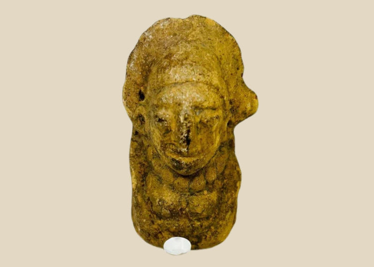 Pre-Columbian terracotta bust, circa 200 BCE–900 CE, with ornate headdress, expressive facial features, and natural aged patina.