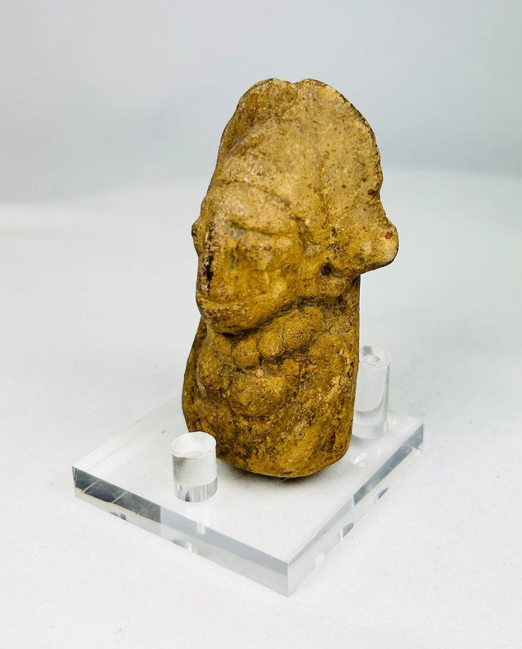 Pre-Columbian terracotta bust, circa 200 BCE–900 CE, with ornate headdress, expressive facial features, and natural aged patina.